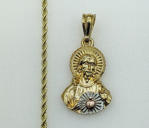 Plated Tri-Color Sacred Heart of Jesus 3mm Rope/Braided Chain Necklace