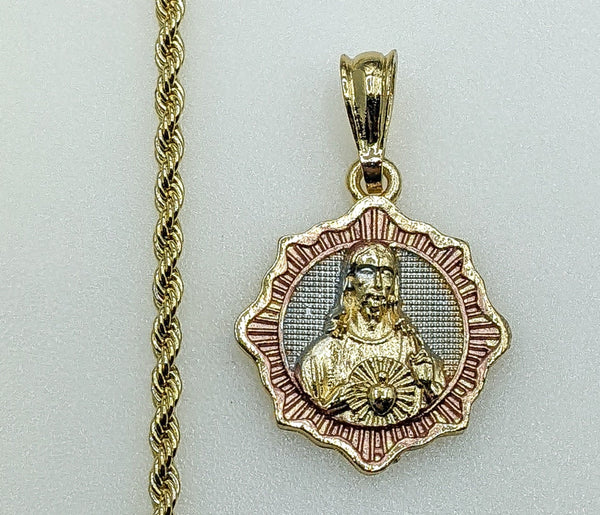 Plated Tri-Color Sacred Heart of Jesus 3mm Rope/Braided Chain Necklace