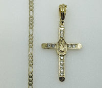 Plated Cross Virgin Mary 3mm Figaro Chain Necklace