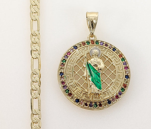 Plated Multicolor Saint Jude 4mm 14K Diamond Figaro Chain Necklace