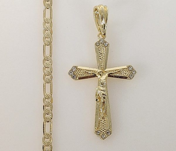 Plated Cross 4mm 14K Diamond Figaro Chain Necklace
