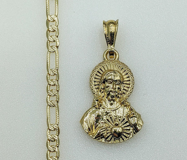 Plated Sacred Heart of Jesus 4mm 14K Diamond Figaro Chain Necklace