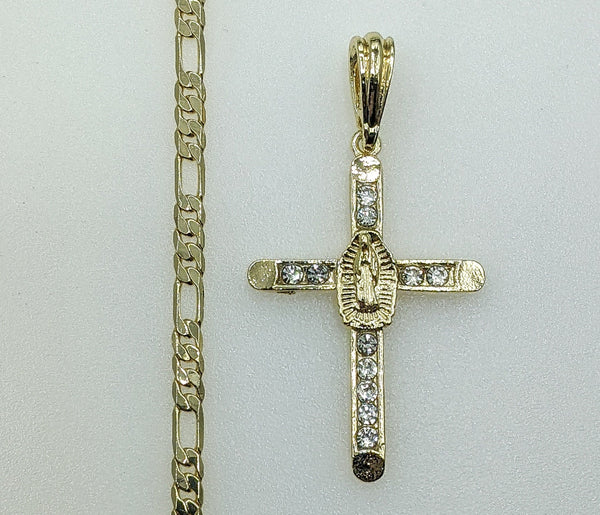 Plated Cross Virgin Mary 4mm Figaro Chain Necklace