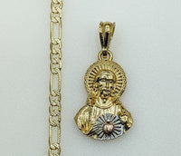Plated Tri-Color Sacred Heart of Jesus 4mm 14K Diamond Figaro Chain Necklace