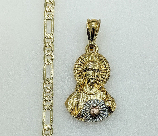 Plated Tri-Color Sacred Heart of Jesus 4mm 14K Diamond Figaro Chain Necklace
