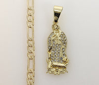 Plated Virgin Mary 4mm 14K Diamond Figaro Chain Necklace