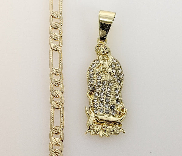 Plated Virgin Mary 4mm 14K Diamond Figaro Chain Necklace