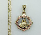 Plated Tri-Color Sacred Heart of Jesus 4mm 14K Diamond Figaro Chain Necklace