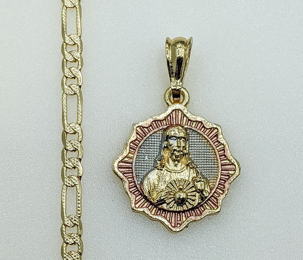 Plated Tri-Color Sacred Heart of Jesus 4mm 14K Diamond Figaro Chain Necklace