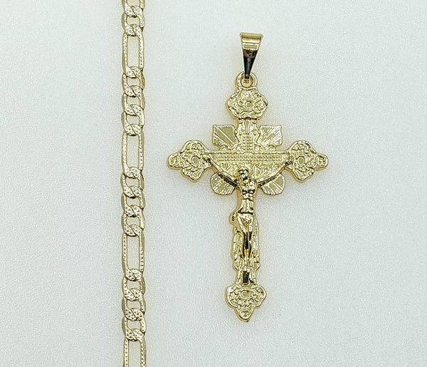 Plated Cross 4mm 14K Diamond Figaro Chain Necklace