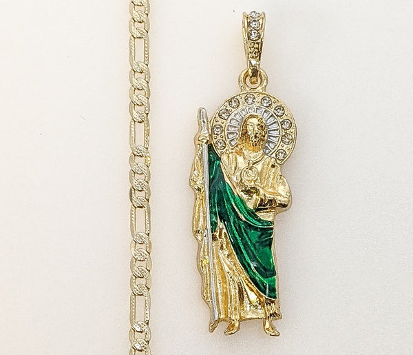 Plated Medium Multicolor Saint Jude 4mm 14K Diamond Figaro Chain Necklace