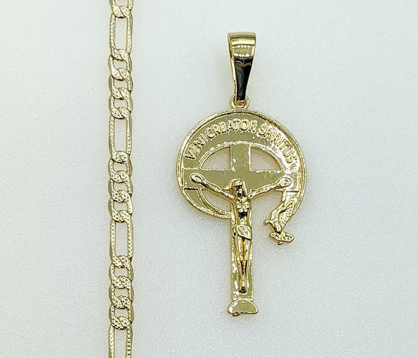 Plated Cross 4mm 14K Diamond Figaro Chain Necklace