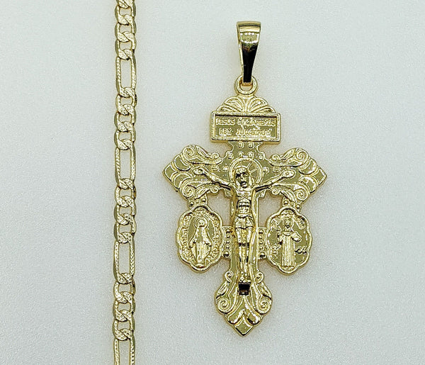 Plated Cross 4mm 14K Diamond Figaro Chain Necklace