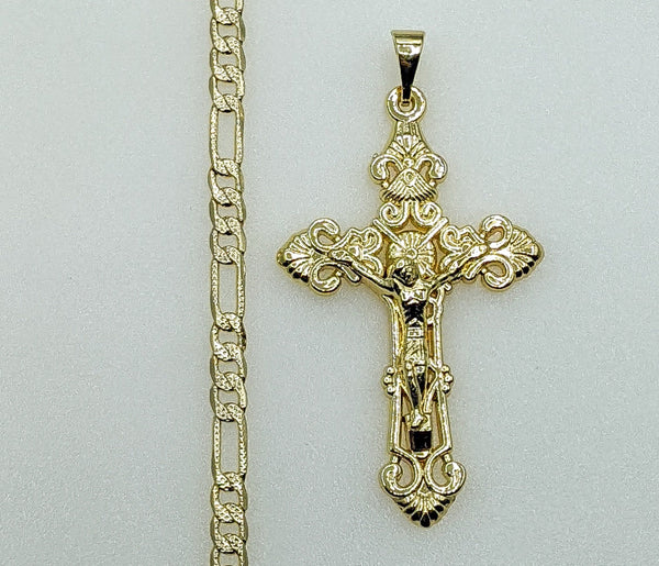 Plated Cross 4mm 14K Diamond Figaro Chain Necklace