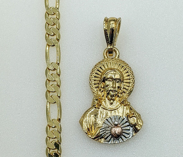 Plated Tri-Color Sacred Heart of Jesus 5mm Figaro Chain Necklace