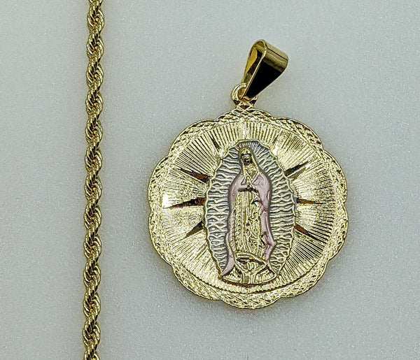 Plated Tri-Color Virgin Mary 3mm Rope/Braided Chain Necklace