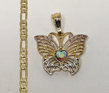 Plated Tri-Color Butterfly 4mm 14K Diamond Figaro Chain Necklace