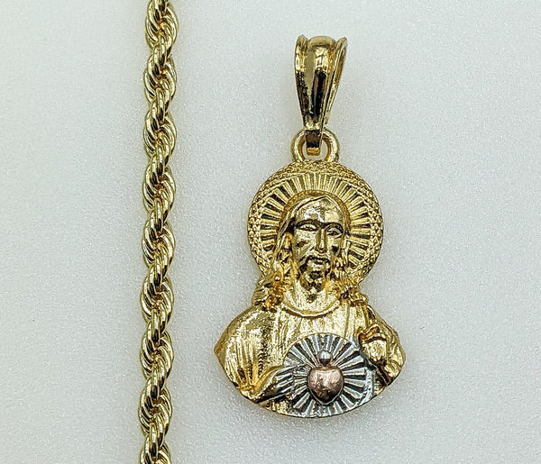 Plated Tri-Color Sacred Heart of Jesus 4mm Rope/Braided Chain Necklace