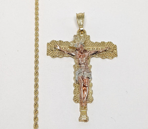 Plated Tri-Gold Cross 2mm Rope/Braided Chain Necklace
