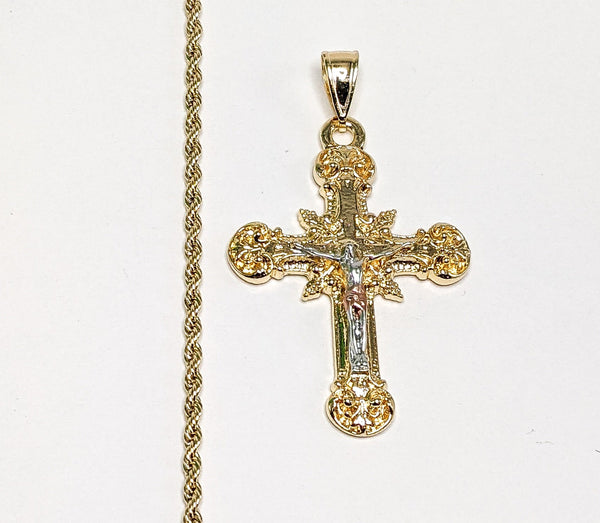 Plated Tri-Gold Cross 2mm Rope/Braided Chain Necklace