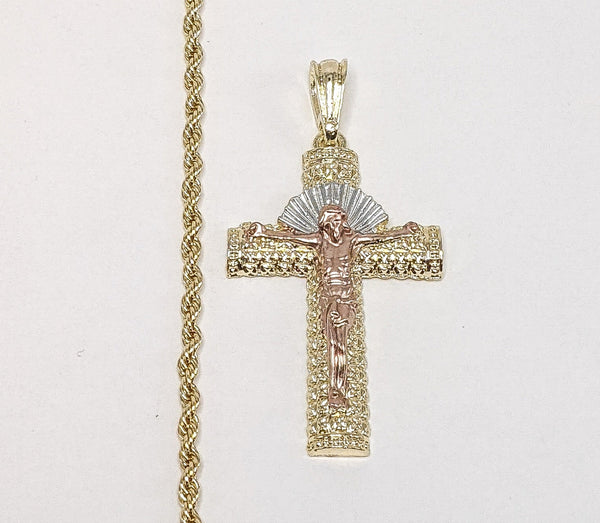 Plated Tri-Color Cross 3mm Rope/Braided Chain Necklace