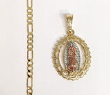 Plated Tri-Color Virgin Mary 4mm Figaro Chain Necklace