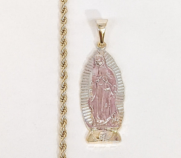 Plated Tri-Gold Virgin Mary 2mm Rope/Braided Chain Necklace