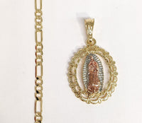 Plated Tri-Color Virgin Mary 4mm Figaro Chain Necklace