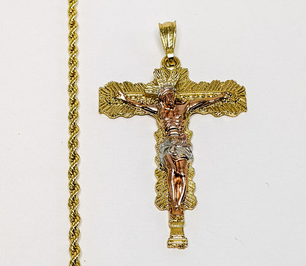 Plated Tri-Gold Cross 3mm Rope/Braided Chain Necklace