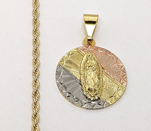 Plated Tri-Color Virgin Mary 2mm Rope/Braided Chain Necklace