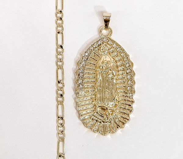 Plated Virgin Mary 4mm Figaro Chain Necklace