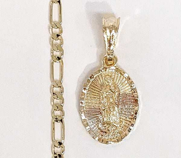 Plated Tri-Color Virgin Mary 4mm Figaro Chain Necklace