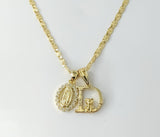Gold plated double pendants necklace with delicate chain and Virgin Mary charm.

Gold plated dainty Virgin Mary double p