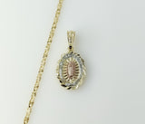 Gold plated star chain necklace with Virgin Mary pendant in tri-color design.
Gold plated tri-color Virgin Mary pendant