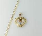 Gold plated tri-color heart pendant on a 3mm figaro chain necklace.

Gold plated 3mm figaro chain necklace with a tri-co