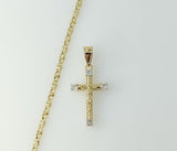 Gold plated small star design necklace with delicate chain chain detail.
Gold plated small cross pendant hanging from a