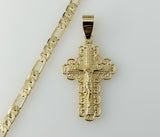 Plated Medium Cross Jesus Crucifix 14K 4mm Diamond Cut Figaro Chain Necklace