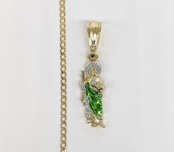 Plated Multicolor Dainty Saint Jude Pendant and Cuban Link Chain Set*